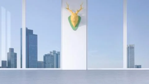 3D Rendering, deer antler on concrete wall in office, sykline Stock Illustration