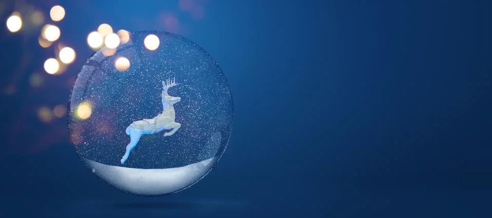 3D rendering of Deer inside of snowy snow globe over blue background. Wide de Stock Illustration