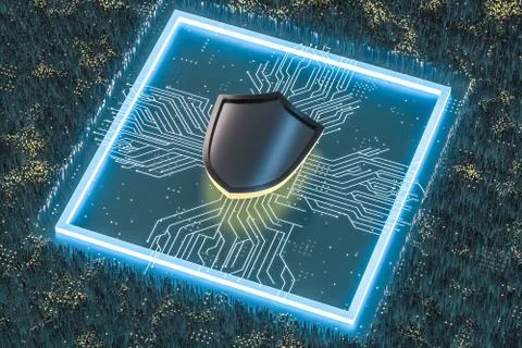 3d rendering, a defense shield with technological background Illustrazione stock