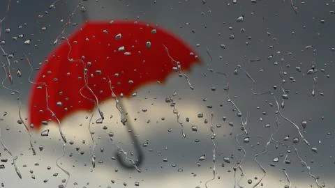 3D rendering of a defocused red umbrella behind a window with raindrops Stock-Illustration