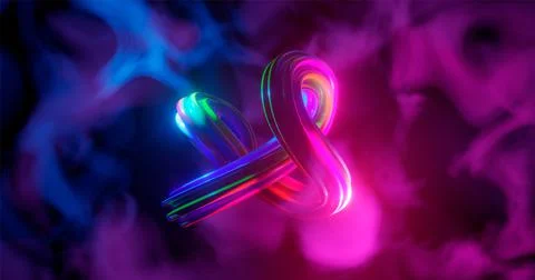 3d rendering. The deformed and curved torus is painted with multicolored neon 스톡 일러스트