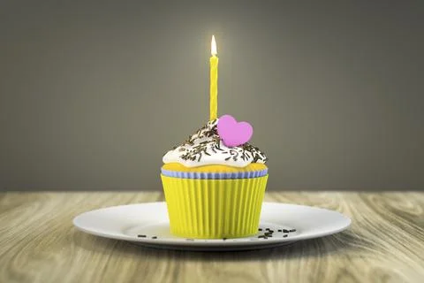 3d rendering of a delicious cupcake with a burning candle Stock Illustration