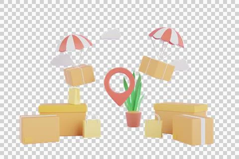 3d rendering of Delivery service and cardboard box with red location pin Stock Illustration