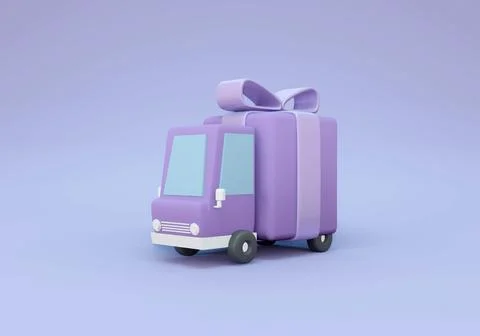 3D Rendering of delivery service. Truck with big gift box on purple backgro.. Stock Illustration