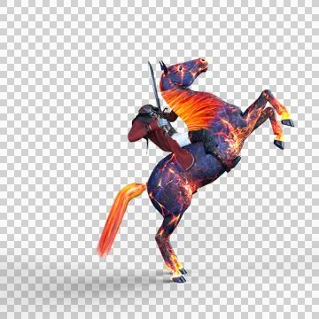 3D rendering of a demon headless horseman holding a sword on a ghostly burnin Stock Illustration