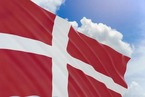 3D rendering of Denmark flag waving on blue sky background Stock Photos