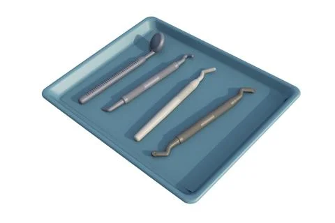 3D rendering of dental tools arranged in tray on white background Stock Illustration