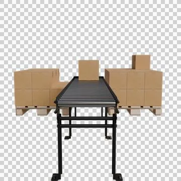 A 3D rendering depicts a conveyor belt system transporting cardboard Stock Photos