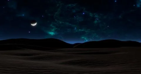3d rendering. Desert landscape in the moonlight. Night sky in an open area Stock Illustration