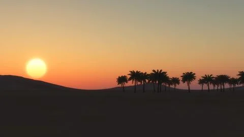 3D rendering of desert landscape with palm trees on orange sunset sky background Stock Illustration