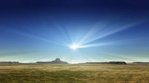 3d rendering of a desert scenery with sun rays in the blue sky Stock Illustration