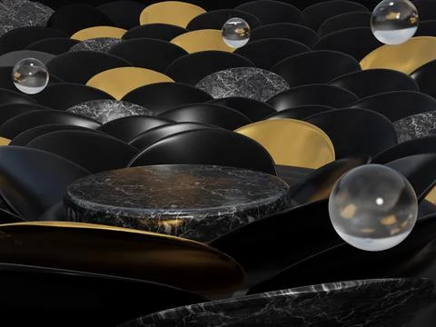 3d rendering design with a marble pedestal in the center. marble and gold pet Stock Illustration