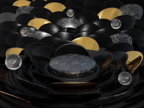 3d rendering design with a marble pedestal in the center. marble and gold pet Stock Illustration