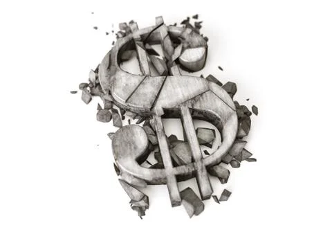 3D rendering of destroyed stone dollar symbol on a white background. Stock Illustration
