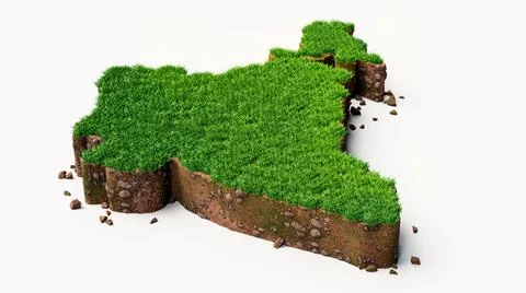A 3D rendering of a detailed India map with green grass and soil mud on a whi Stock Illustration
