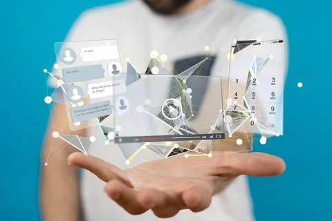 3D rendering of developed interface web application in hand 스톡 사진