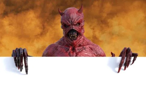 3D rendering of a devil in hell holding sign. Stock Illustration