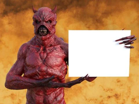 3D rendering of a devil in hell holding sign. Stock Illustration