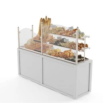 3D rendering of different delicious types of bread on the display isolated on a Stock Illustration