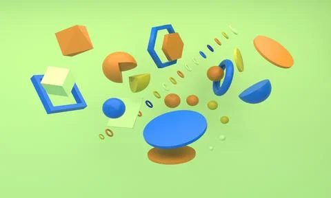 3D rendering of different geometric shapes isolated on a green background Stock Illustration