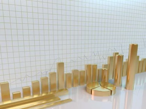 3d rendering of different golden reflective objects Illustrazione stock