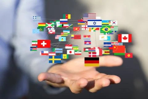 A 3d rendering of different national flags in a global communication concept  Stock Photos