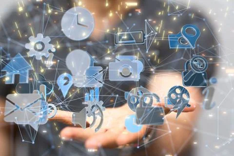 3D rendering of different technological icons in a mans hand Stock Photos