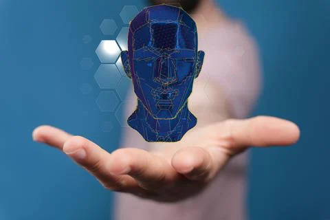 3D rendering of a digital artificial intelligence hologram in businessman's hand Stock Photos