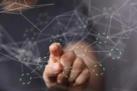 A 3d rendering of a digital binary code scheme touched with a finger on a gra 写真素材