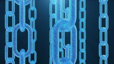3D rendering digital blockchain code. Chain links network. Blue background Illustrazione stock