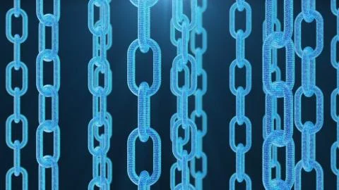 3D rendering digital blockchain code. Chain links network. Blue background Illustrazione stock