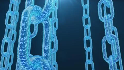 3D rendering digital blockchain code. Chain links network. Blue background Stock Illustration