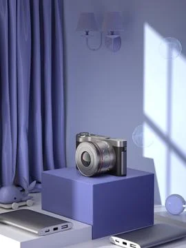 3D rendering of a digital camera and power banks on blue and white stands in a b Illustrazione stock