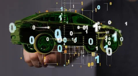 3D rendering of a digital car surrounded by binary codes Stock Photos