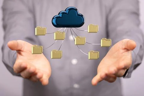 A 3D rendering of digital Cloud and folders floating over hands- Big data and 写真素材