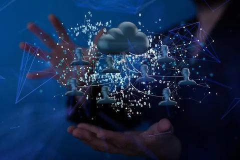 A 3D rendering of digital cloud and human icons floating in between hands- da Foto stock