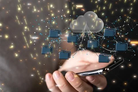 A 3D rendering of digital cloud and folders over a hand holding phone- data s Stock Photos