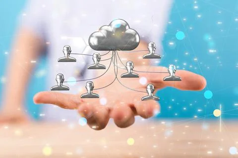 A 3d rendering of digital cloud with human icon floating over a hand- cloud t 写真素材