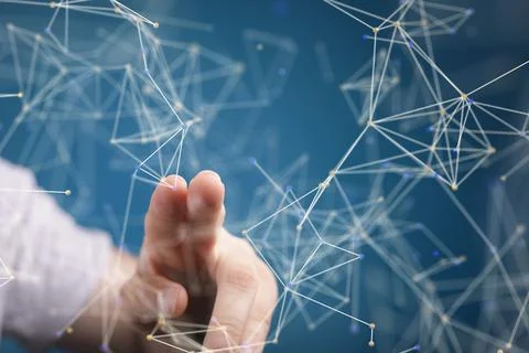 A 3d rendering of a digital coding scheme with a hand tapping on it on a blue Stock Photos