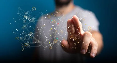 A 3D rendering of digital cyberspace with particles and digital data network  Photos