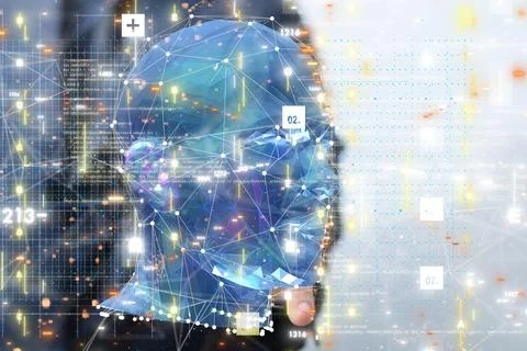 3D rendering of a digital Dark blue human head through the mind, medical futuris 스톡 사진