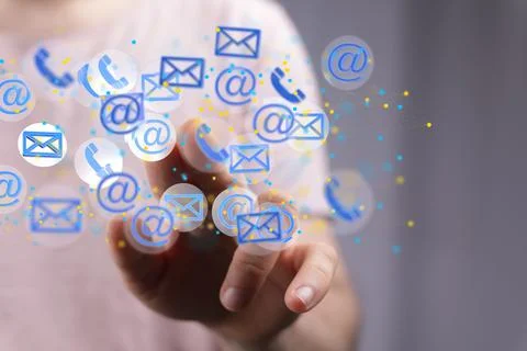 A 3D rendering of digital email and chat icons with hand touching it from beh Foto stock