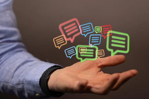 A 3D rendering of digital email icon floating on hand- online communication c Foto stock