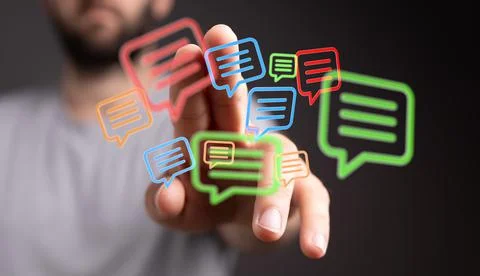 A 3D rendering of digital email icons with hand touching it from behind onlin Foto stock