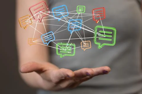 A 3D rendering of digital email icons floating on hand- online communication  Foto stock