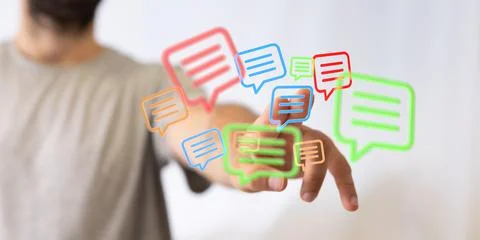 A 3D rendering of digital email icons with hand touching it from behind- onli Stock Photos