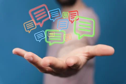 A 3D rendering of digital email icons floating over a hand- online communicat 스톡 사진