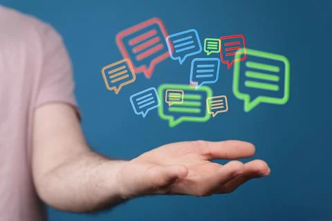 A 3D rendering of digital email icons floating on hand- online communication  Foto stock