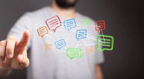 A 3D rendering of digital email icons with hand touching it from behind- onli Foto stock