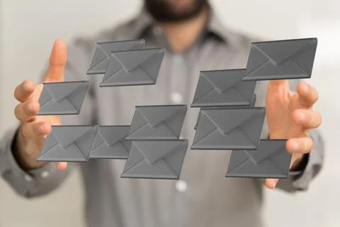 A 3D rendering of digital envelopes floating in between male's hands- online  Stock Photos